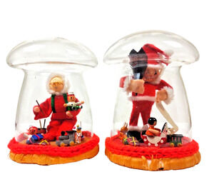 Caffco Christmas Santa Elf Diorama Under Mushroom Glass Terrarium VTG Set Of 2